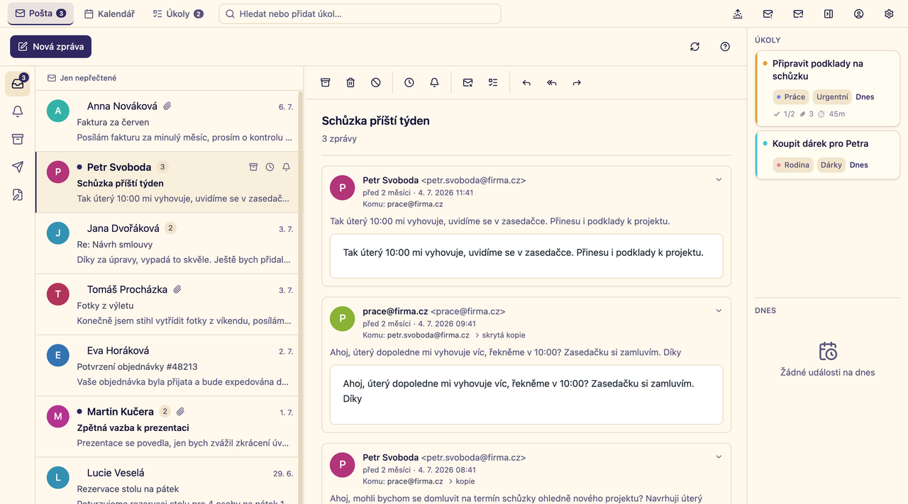 Letos on a computer: a mail list, the open thread “Meeting next week” and today's tasks on the right. Demo data, Czech interface.