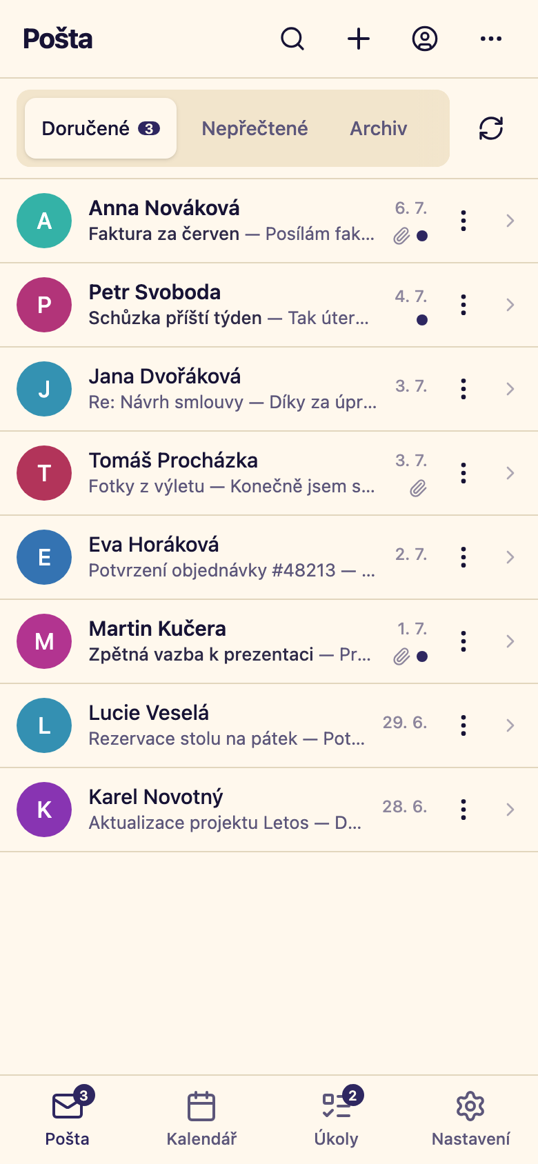 Letos on iPhone: the inbox with a bottom bar for Mail, Calendar, Tasks and Settings. Demo data, Czech interface.