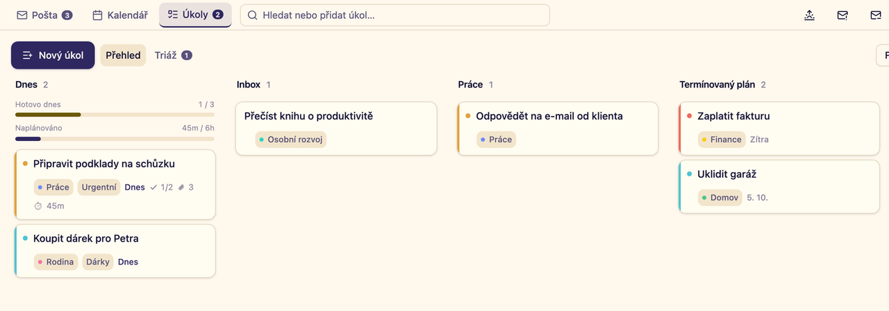 The Letos task board: Today, Inbox, Work and Scheduled columns with demo tasks. Czech interface.