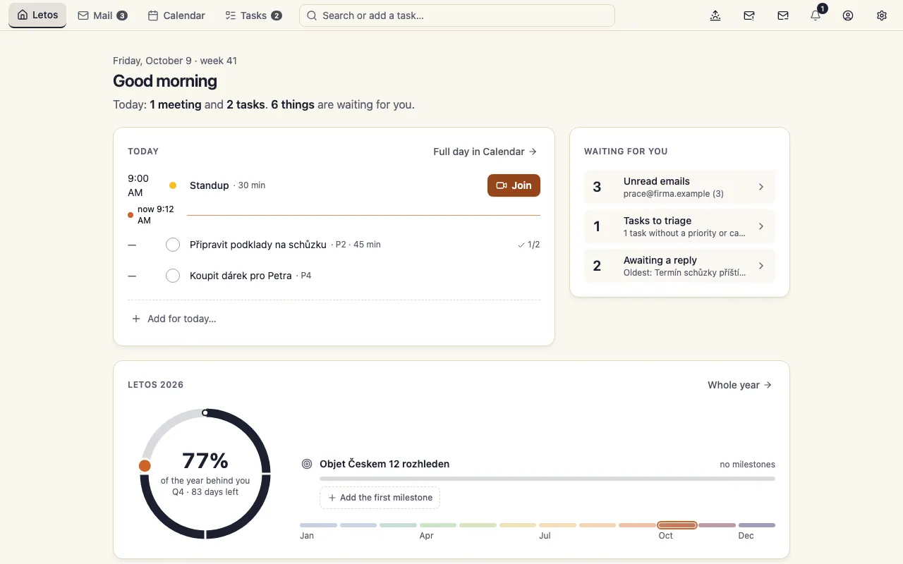 Letos home: Today, Waiting for you and the year at a glance (desktop app)