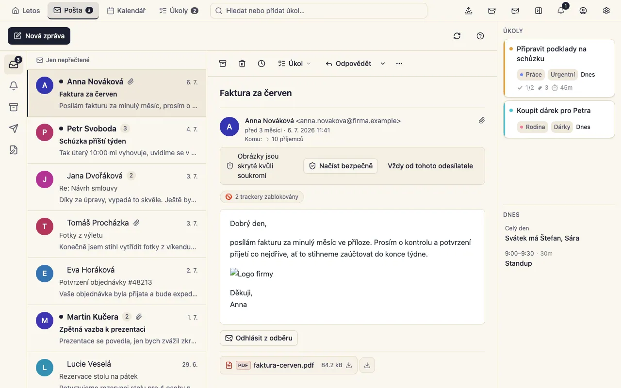 Pošta: seznam konverzací a otevřené vlákno (desktopová aplikace)