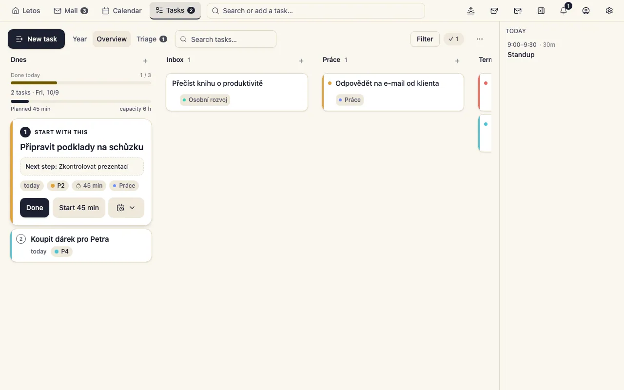 Tasks: the board with columns and task cards (desktop app)