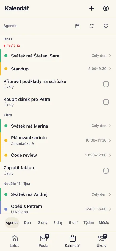 Kalendář: týdenní přehled schůzek a úkolů (mobilní web)