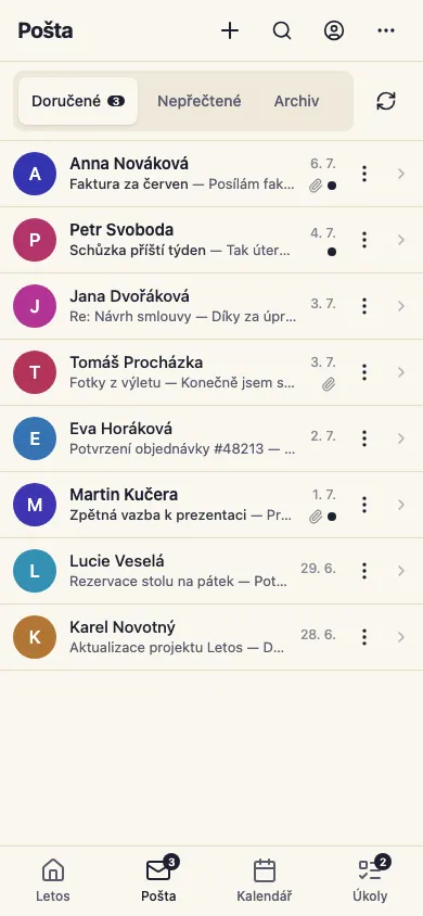 Pošta: seznam konverzací a otevřené vlákno (mobilní web)