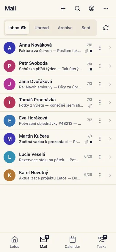 Mail: the thread list and an open conversation (mobile web)